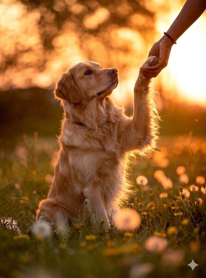 Chien golden donnant la patte dans la lumière du soir